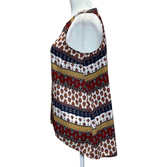 Pink Rose M Colorful Boho Tank Top Geometric Print A-Line Chiffon Red Blue Gold - Picture 3 of 7